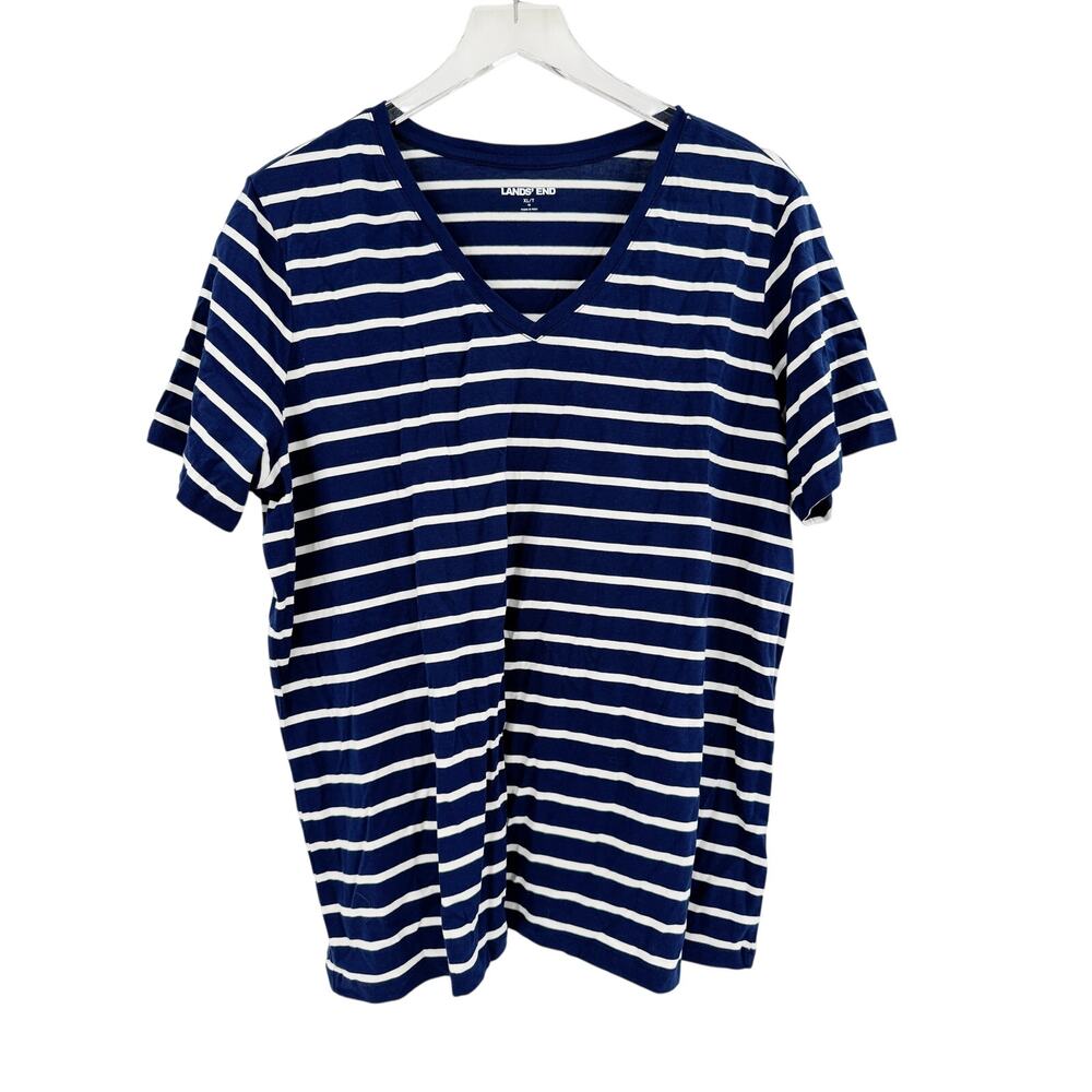 LANDS END Top Size XL NEW Supima Cotton Blue White Stripe V Neck Short Sleeve